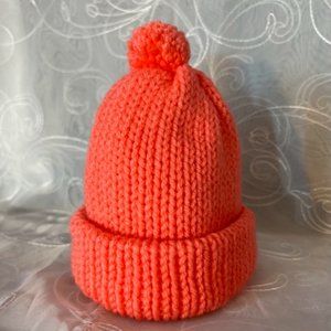 Handmade Child’s Knitted Coral Beanie with PomPom Winter Hat  NEW